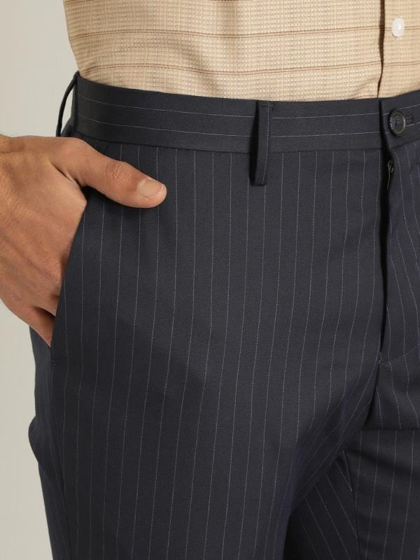 Indian Terrain Men's Comfort Fit Striped Navy Trousers